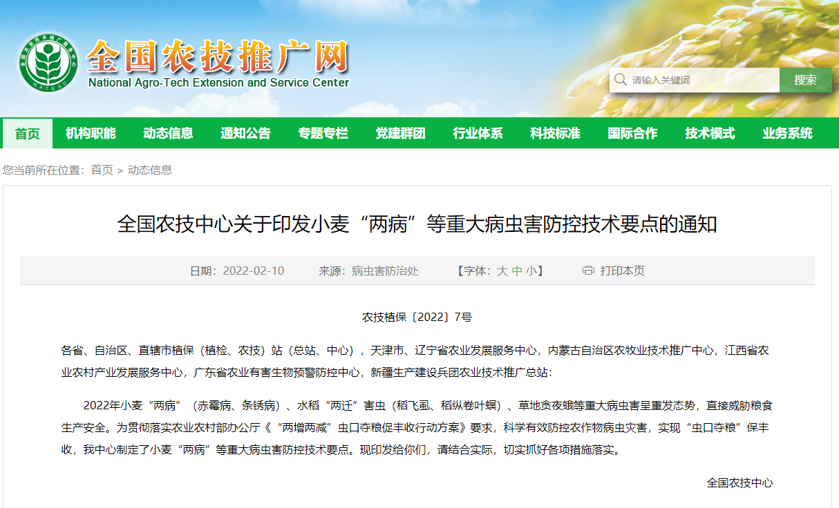 全國農技中心關于印發小麥“兩病”等重大病蟲害防控技術要點的通知