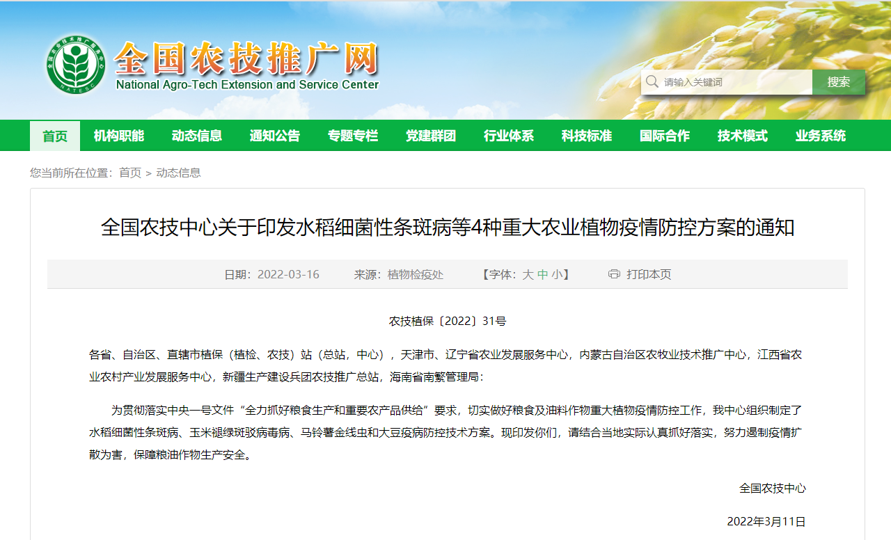 全國農技中心關于印發水稻細菌性條斑病等4種重大農業植物疫情防控方案的通
