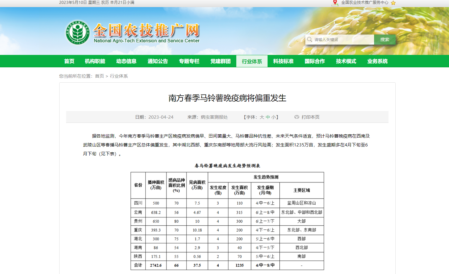 南方春季馬鈴薯晚疫病將偏重發生